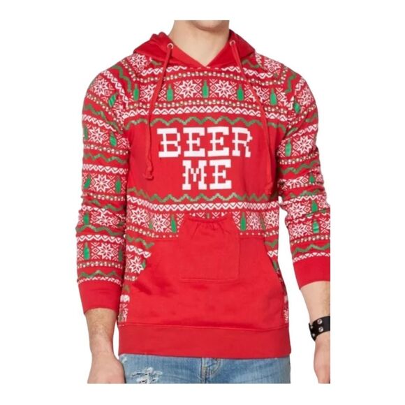Spencers Beer Me Ugly Christmas Hoodie Unisex Medium Cotton Blend Red Green - Picture 1 of 13